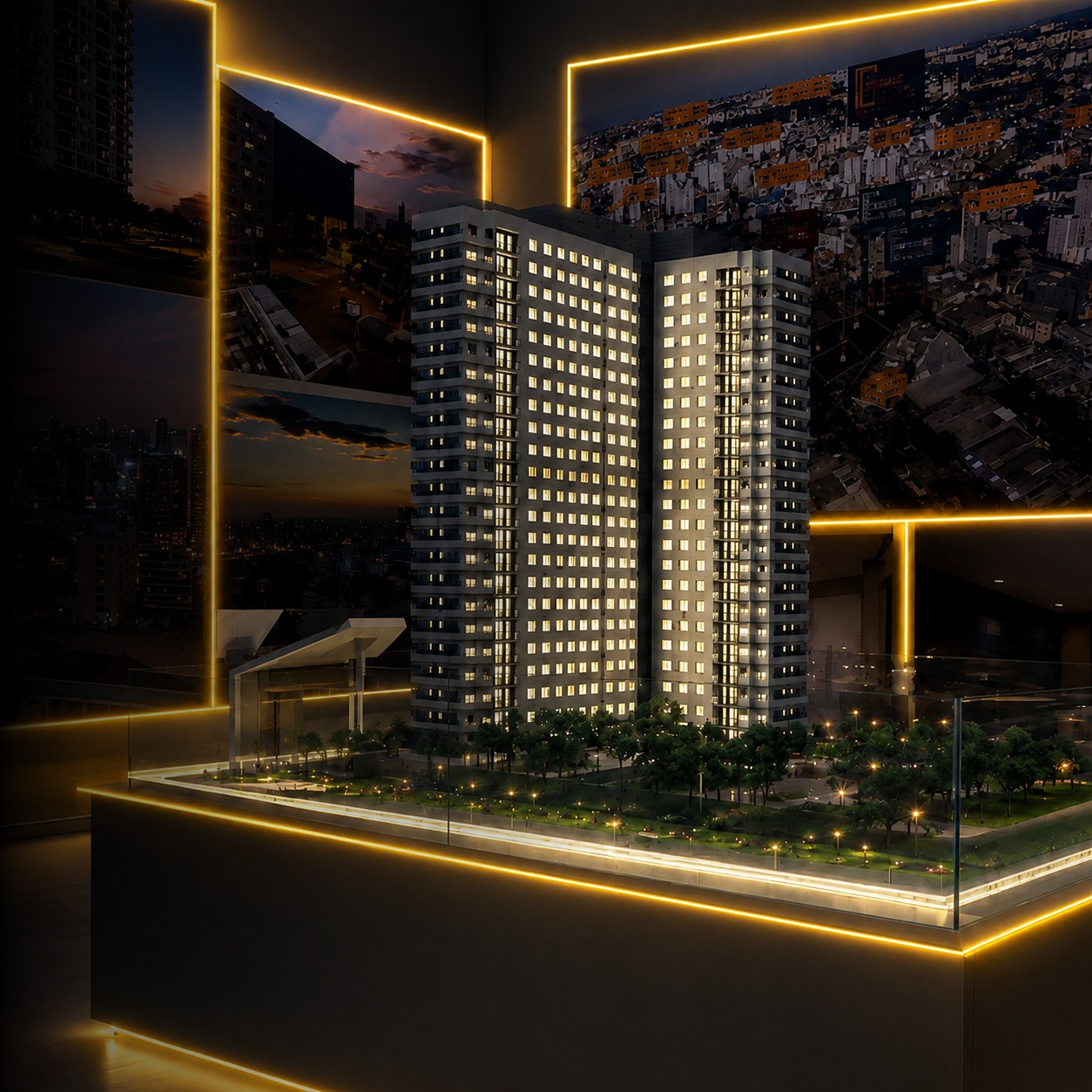 Maquete iluminada da fachada do Cidade Lapa Perdizes à noite