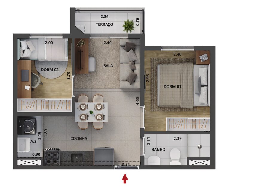Planta 36,70 m² com terraço