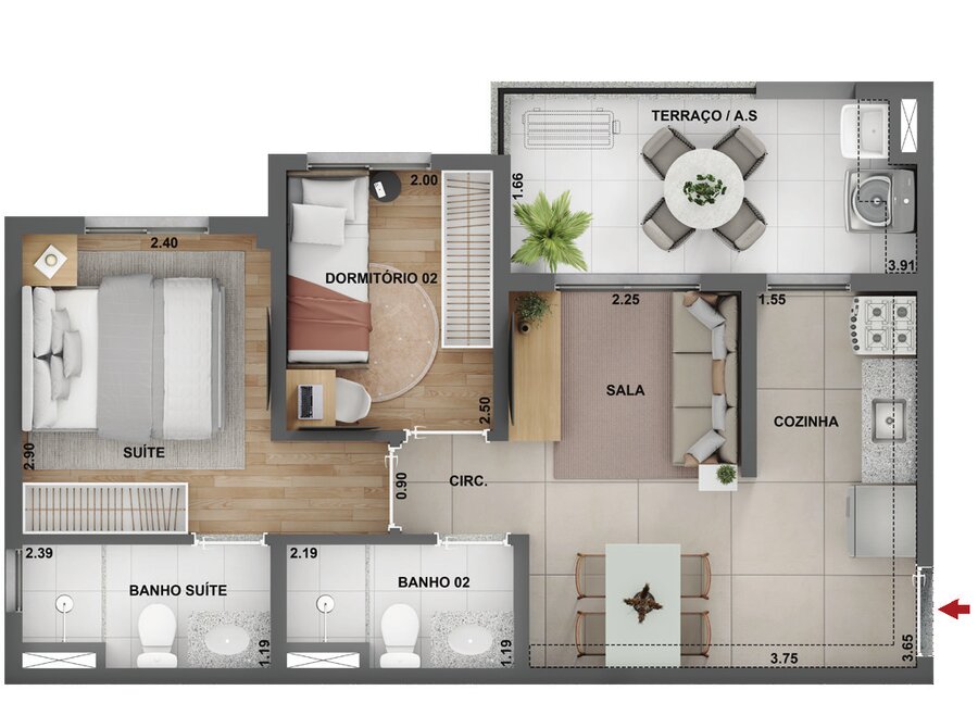Planta 45,69 m² com suíte e terraço
